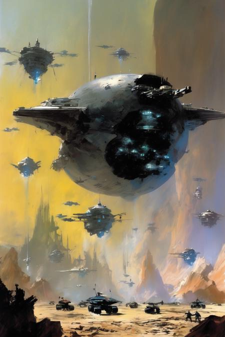 00163-1512049920-John Berkey Style - science fiction war. The planetary defenses are down. Monstrous beings bring weapons. Epic. John Berkey.png